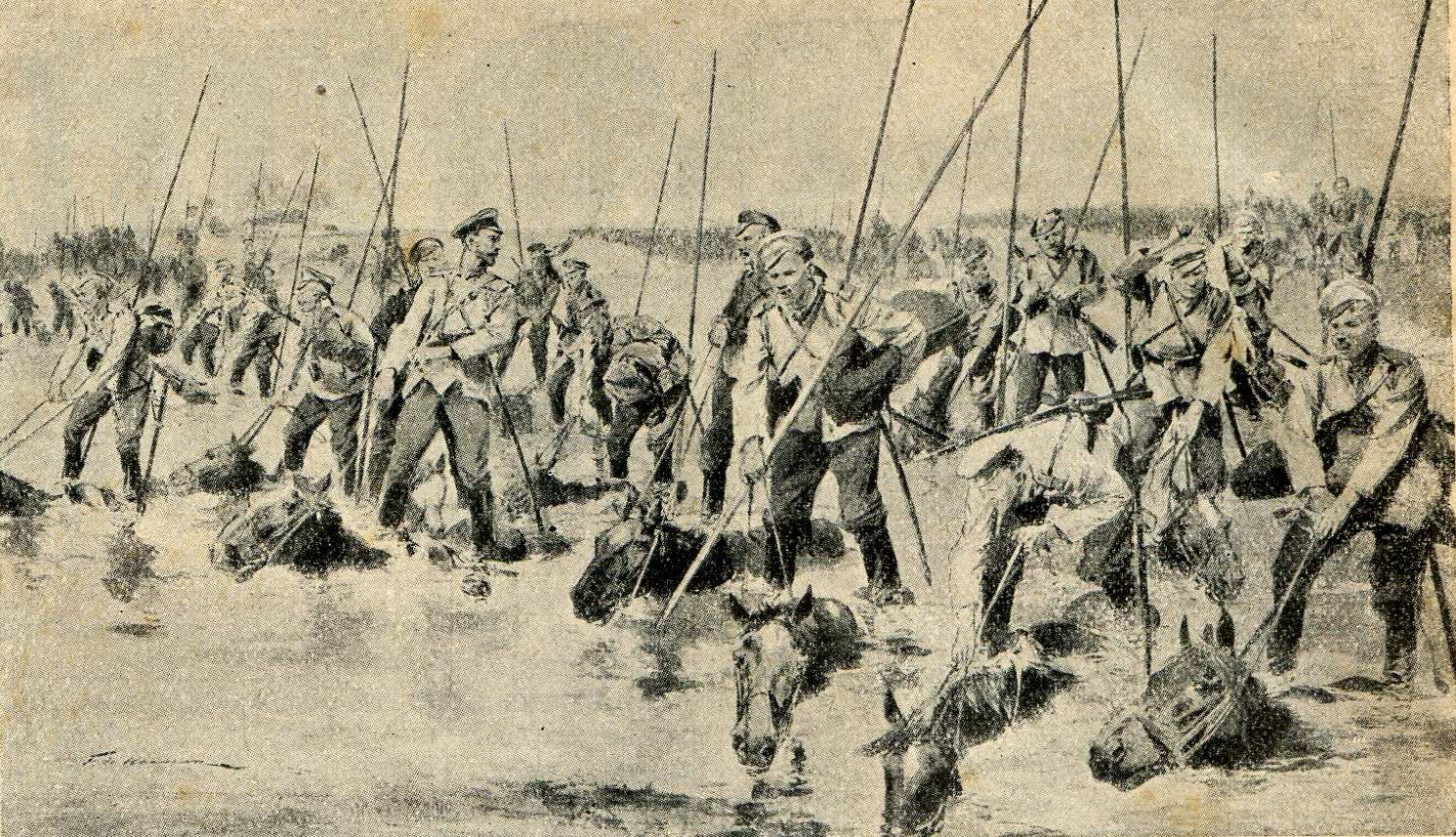 Молодецкая переправа наших казаков через реку в Восточной Пруссии.